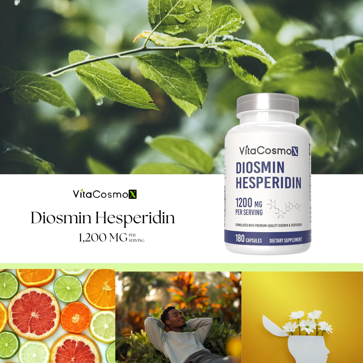 Flacon VitaCosmoX Diosmine Hespéridine 1200 mg présentant les capsules