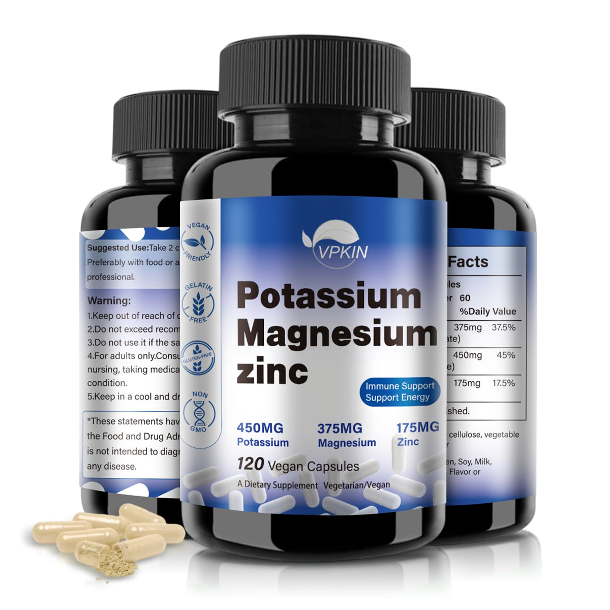 Flacon VPKIN Complément Potassium Magnésium 1000mg vue avant