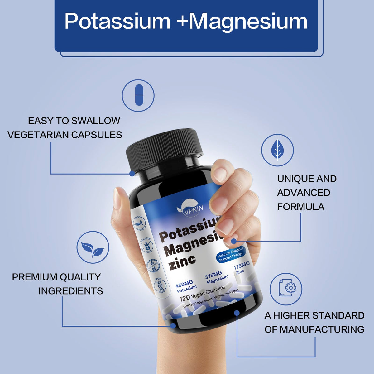 Flacon VPKIN Complément Potassium Magnésium sur une surface en bois
