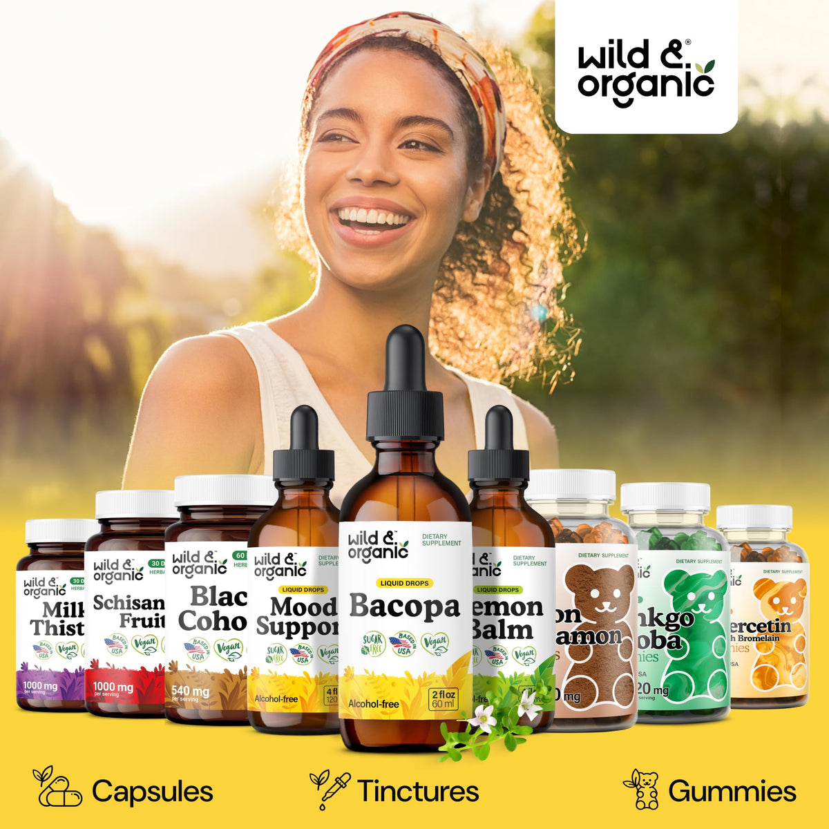 Flacon Wild & Organic Bacopa Monnieri sur un fond en bois