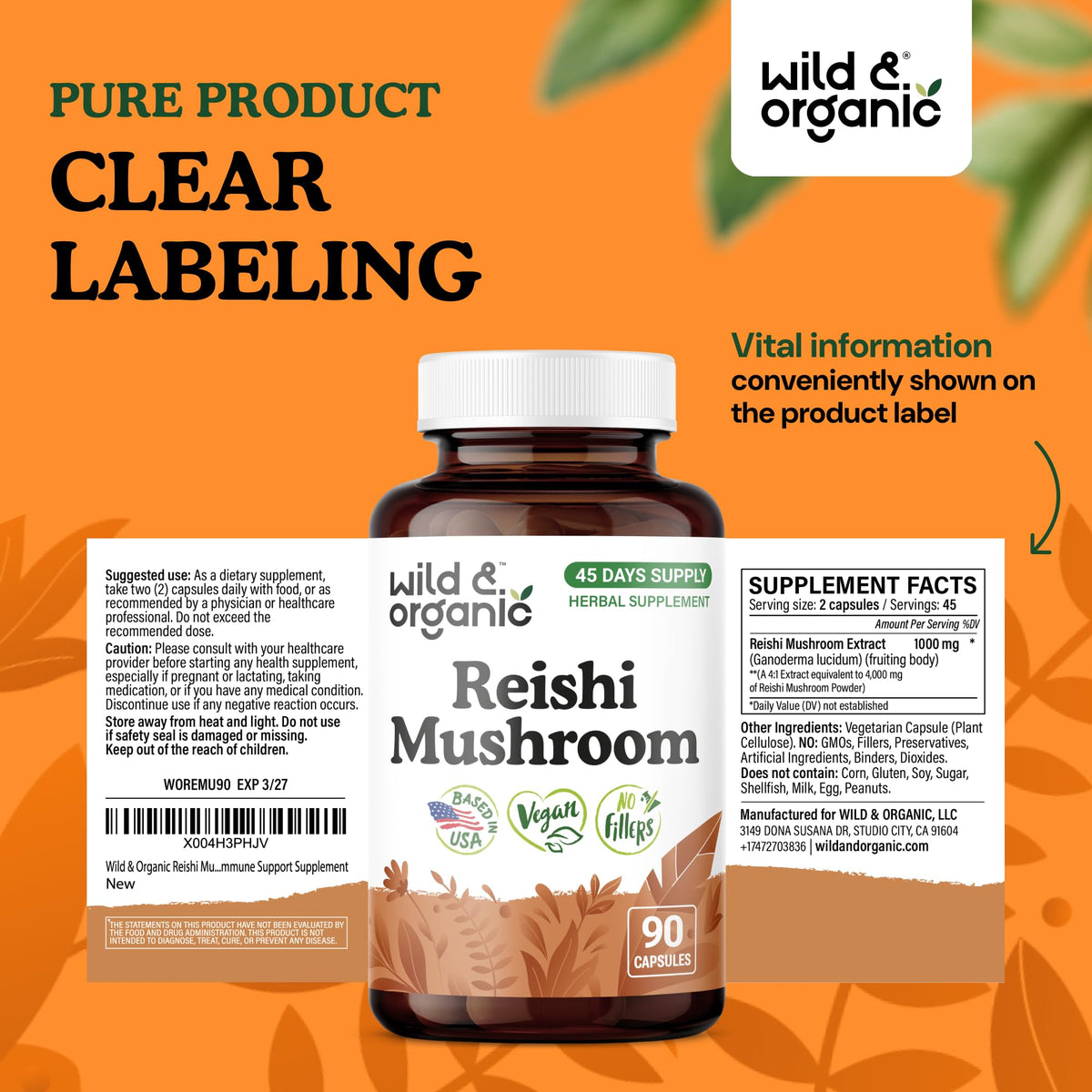 Flacon Wild & Organic Champignon Reishi 1000mg avec fond naturel