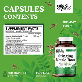 Flacon Wild & Organic Racine d'Ortie ouvert avec capsules visibles