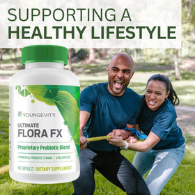 Flacon Youngevity Ultimate Flora FX ouvert avec capsules visibles
