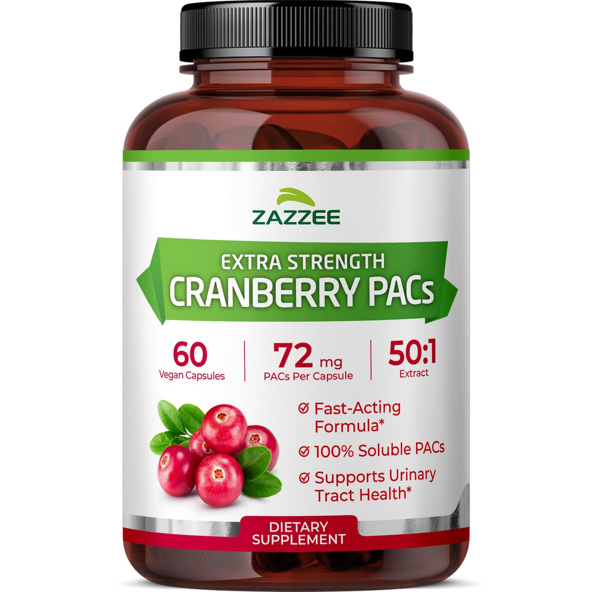 Flacon Zazzee de PACs de canneberge 72 mg, 60 capsules végétales