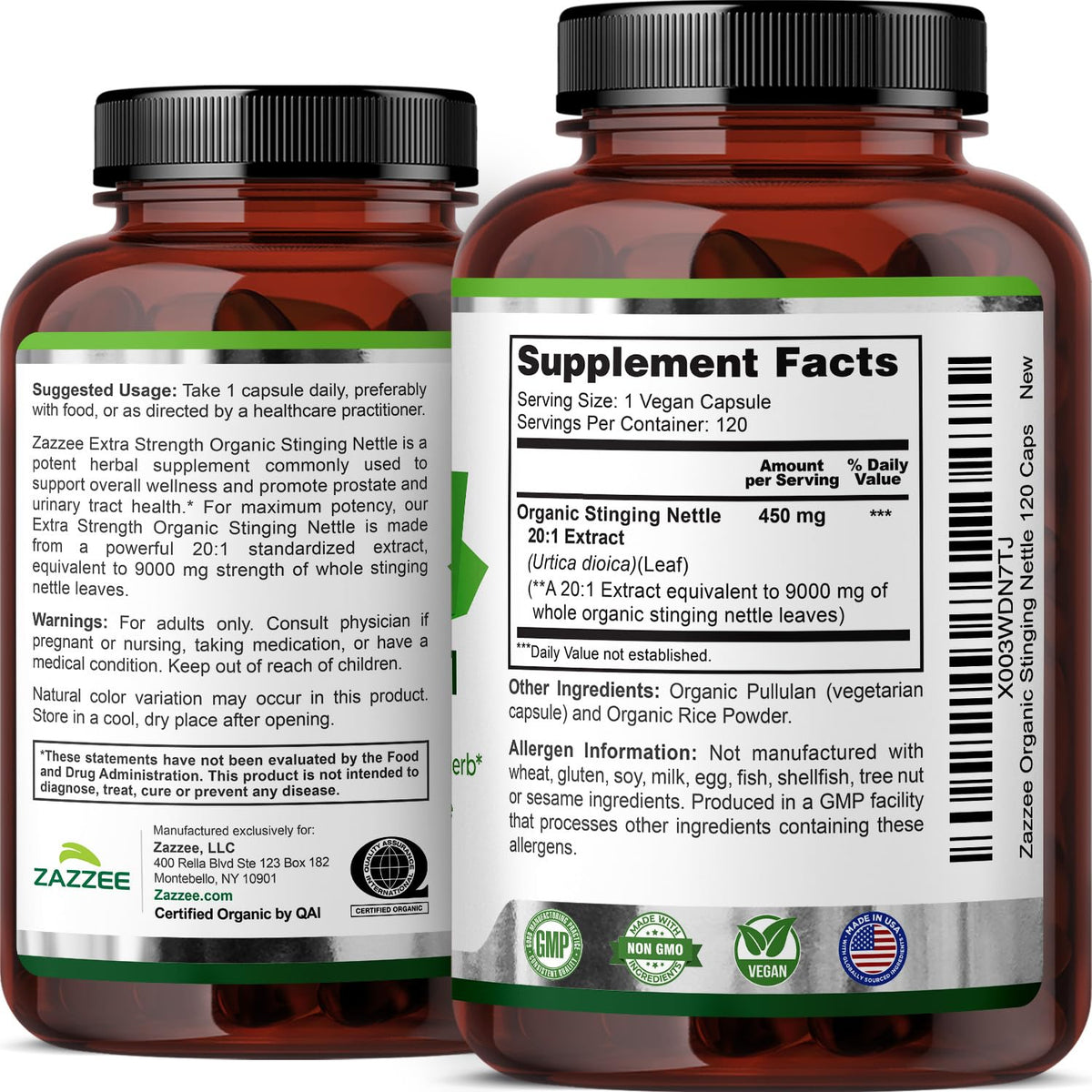Flacon Zazzee Extrait d'Ortie Bio ouvert avec capsules