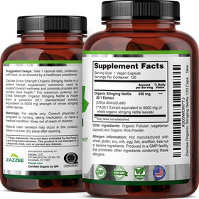 Flacon Zazzee Extrait d'Ortie Bio ouvert avec capsules