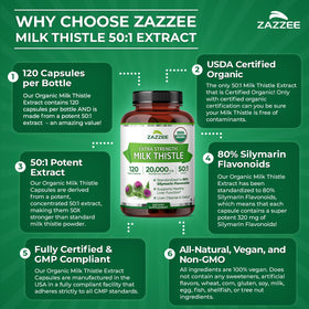 Flacon Zazzee Extrait de Chardon-Marie Bio 50:1 sur une table en bois
