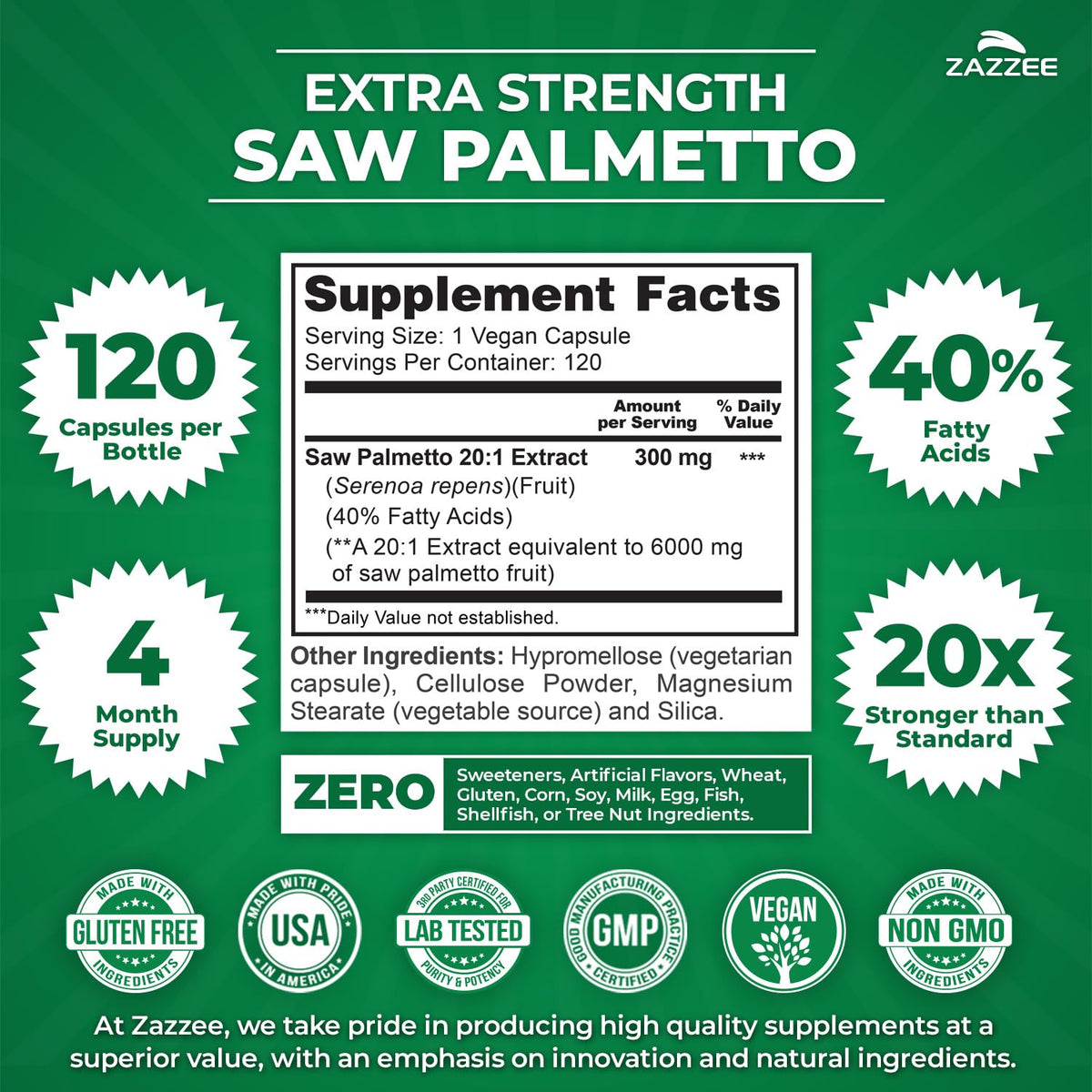Flacon Zazzee Extrait de Saw Palmetto 120 capsules