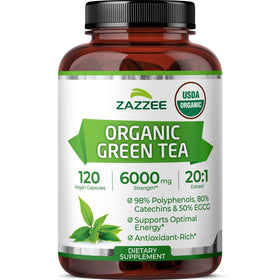 Flacon Zazzee Extrait de Thé Vert Bio 20:1 avec 120 capsules végétales