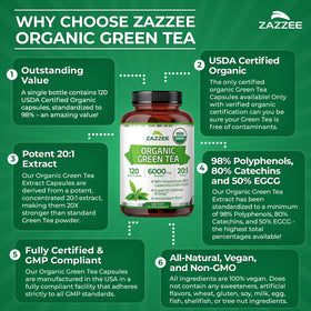 Flacon Zazzee Extrait de Thé Vert Bio sur fond en bois