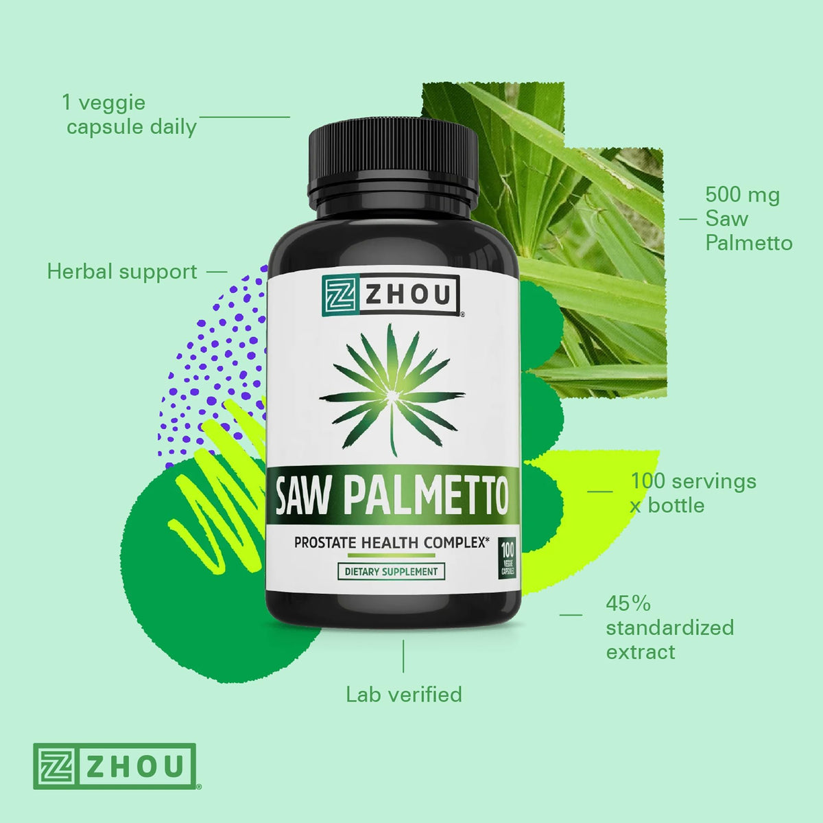 Flacon ZHOU Saw Palmetto sur une surface en bois