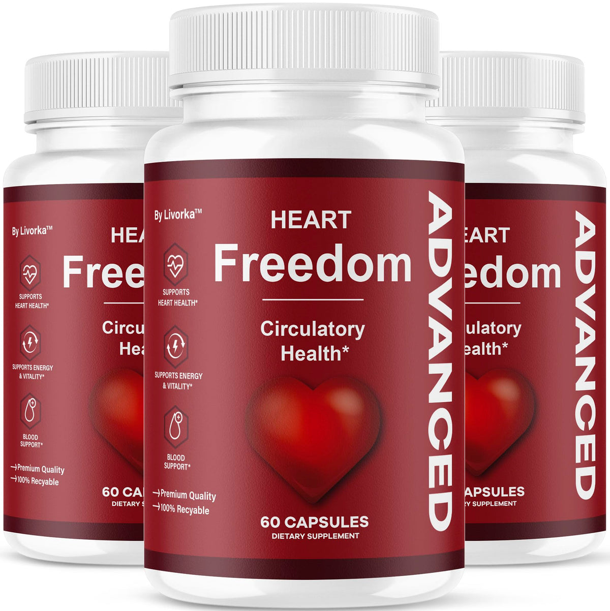 Flacons de 180 capsules Heart Freedom LIVORKA en vue de face