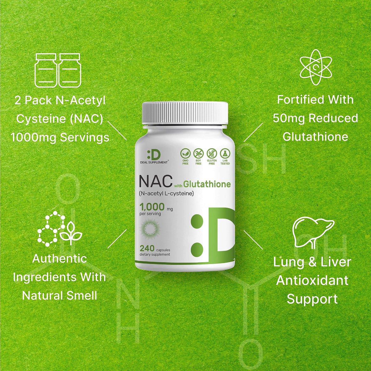 Flacons de NAC et Glutathion sur fond blanc