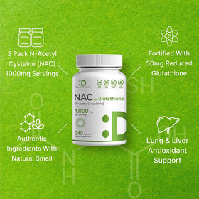 Flacons de NAC et Glutathion sur fond blanc