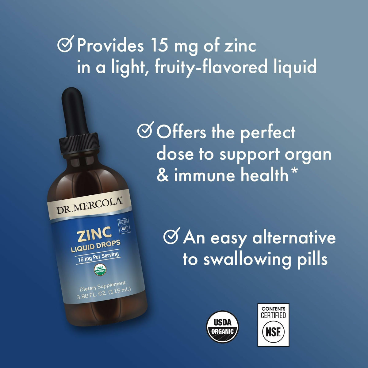 Flacons de zinc liquide Dr. Mercola alignés sur une surface