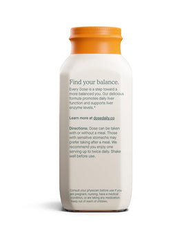 Flacons Dose for Your Liver alignés sur une table