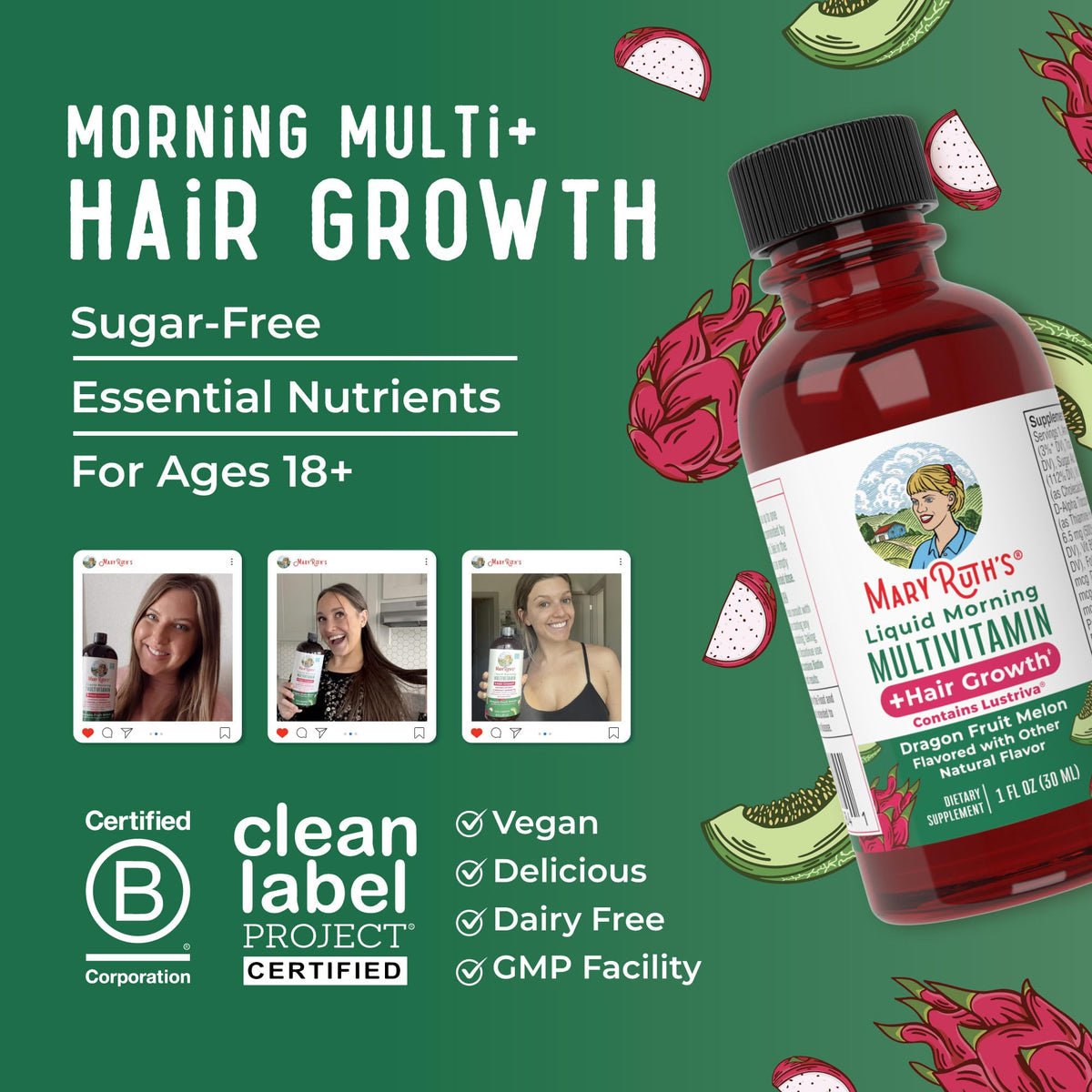 Flacons MARYRUTH'S multivitamines liquides alignés avec des fruits