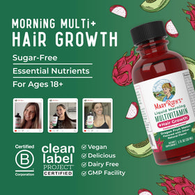 Flacons MARYRUTH'S multivitamines liquides alignés avec des fruits