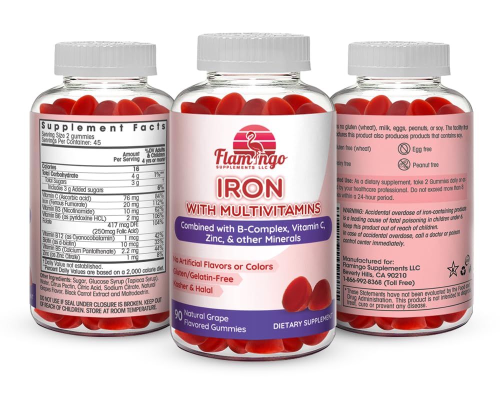 Flamingo Supplements gummies de fer, contenant ouvert avec gummies à l'intérieur