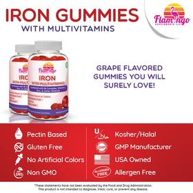 Flamingo Supplements gummies de fer sur une table avec des fruits