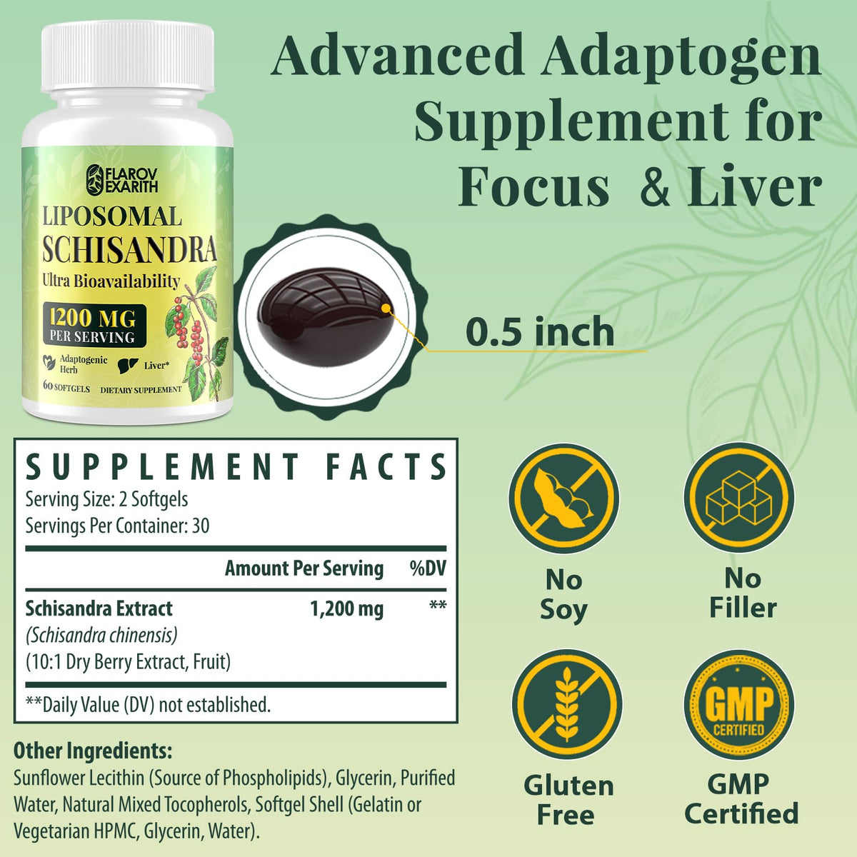 Flarovexarith Extrait de Schisandra Liposomal 1200mg, présentation du produit sur un fond neutre
