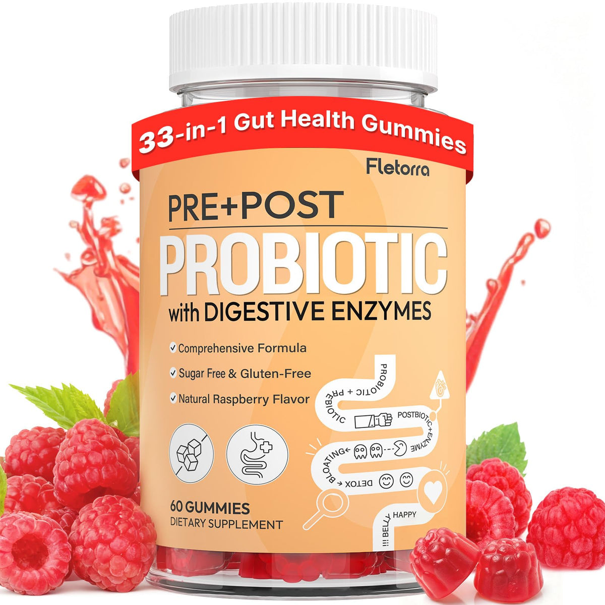 Fletorra Gummies Probiotiques Framboise boîte de 60 gummies