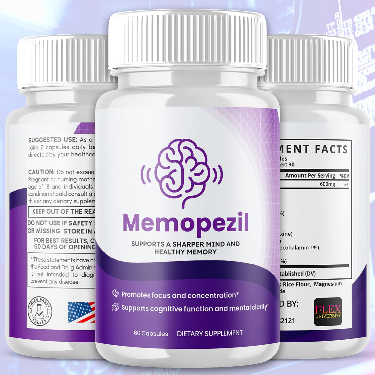 Flex University Memopezil capsules à côté d'un carnet