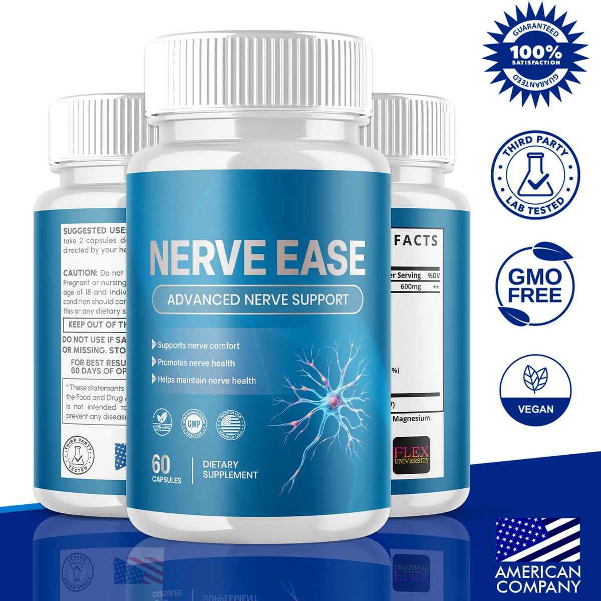 Flex University Nerve Ease Capsules 300 capsules with a natural background