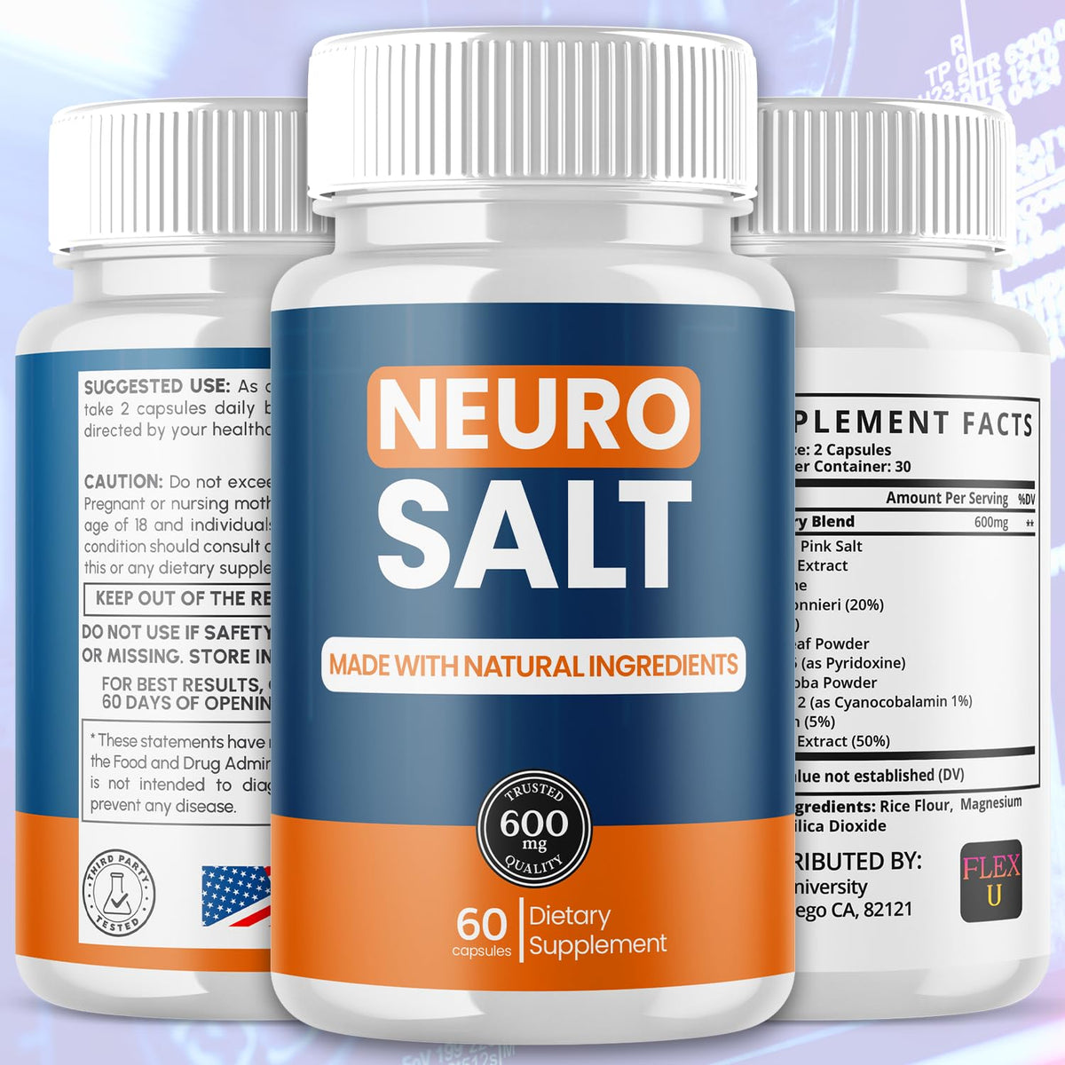 Flex University Neuro Salt Capsules 120 Capsules side view