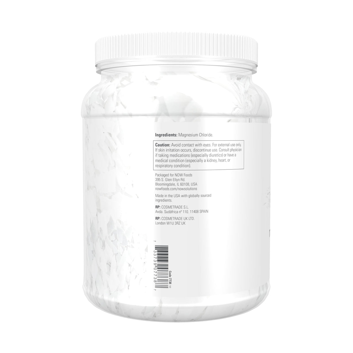 Flocons de magnésium NOW Foods, vue arrière du paquet avec informations nutritionnelles