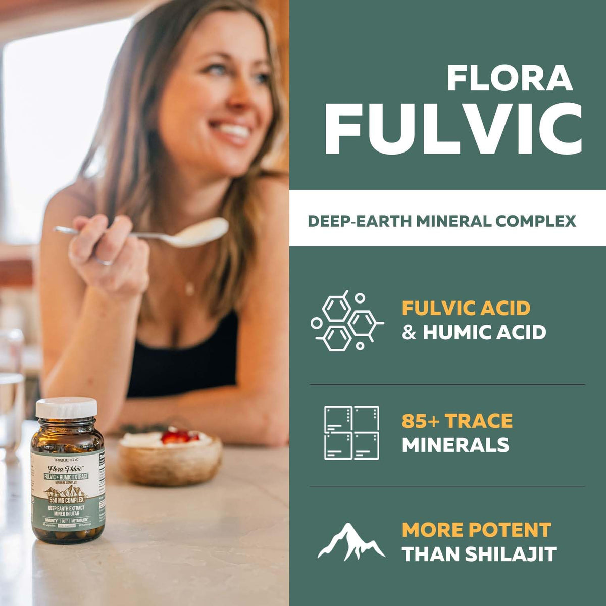 Flora Fulvic capsules, présentation sur fond blanc