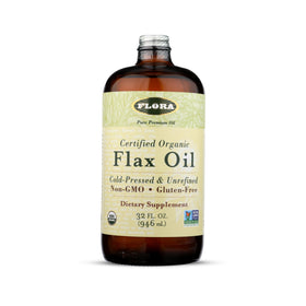 Flora Huile de Lin Biologique 946 ml, bouteille en verre avec étiquette