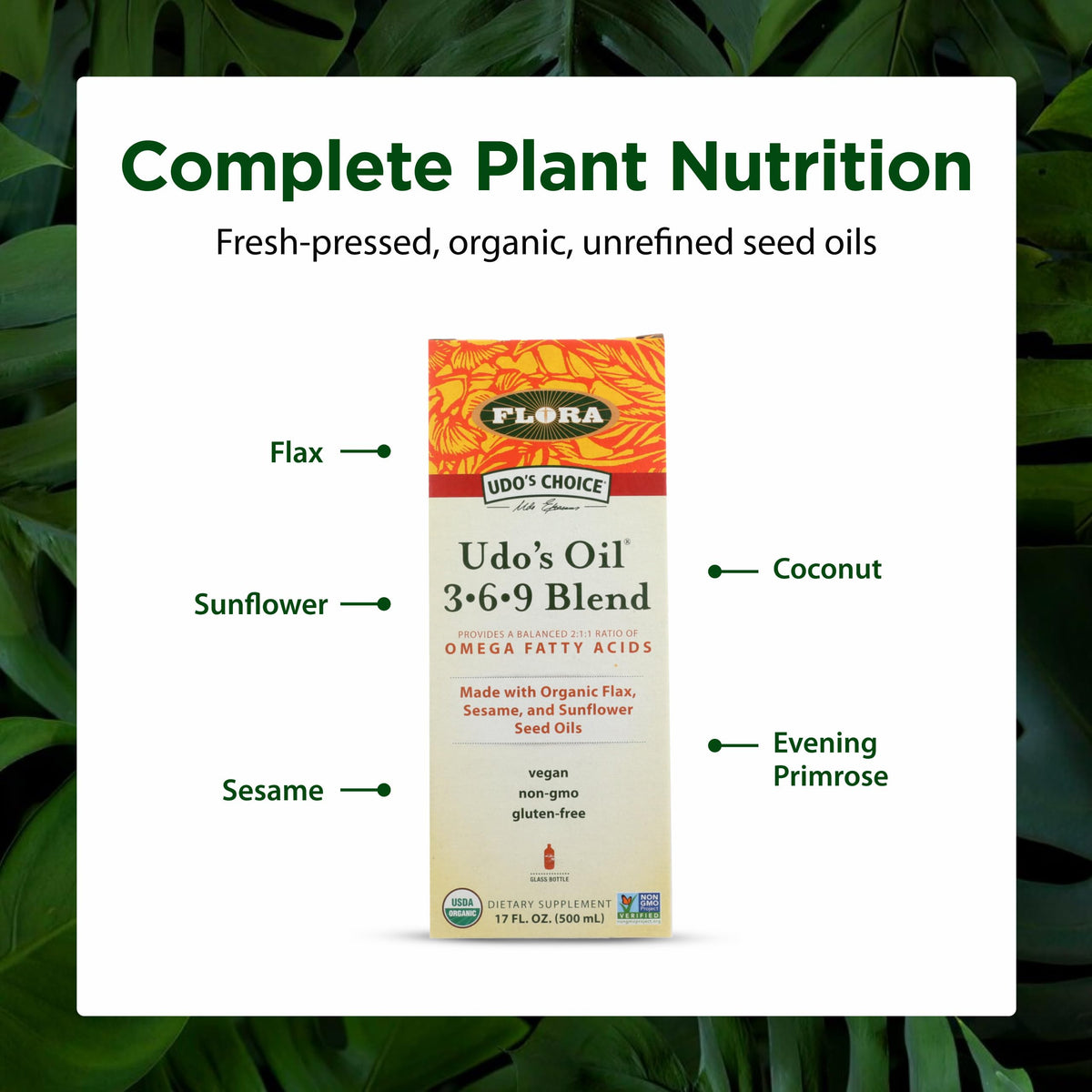 Flora Huile Udo's Omega 3-6-9 versée dans un bol