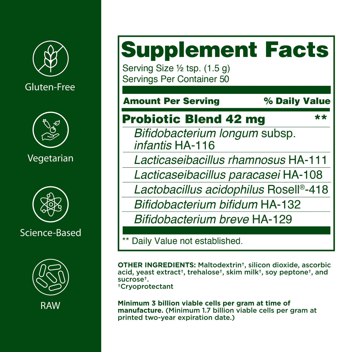 Flora Poudre Probiotique Enfant 222g vue arrière avec informations nutritionnelles