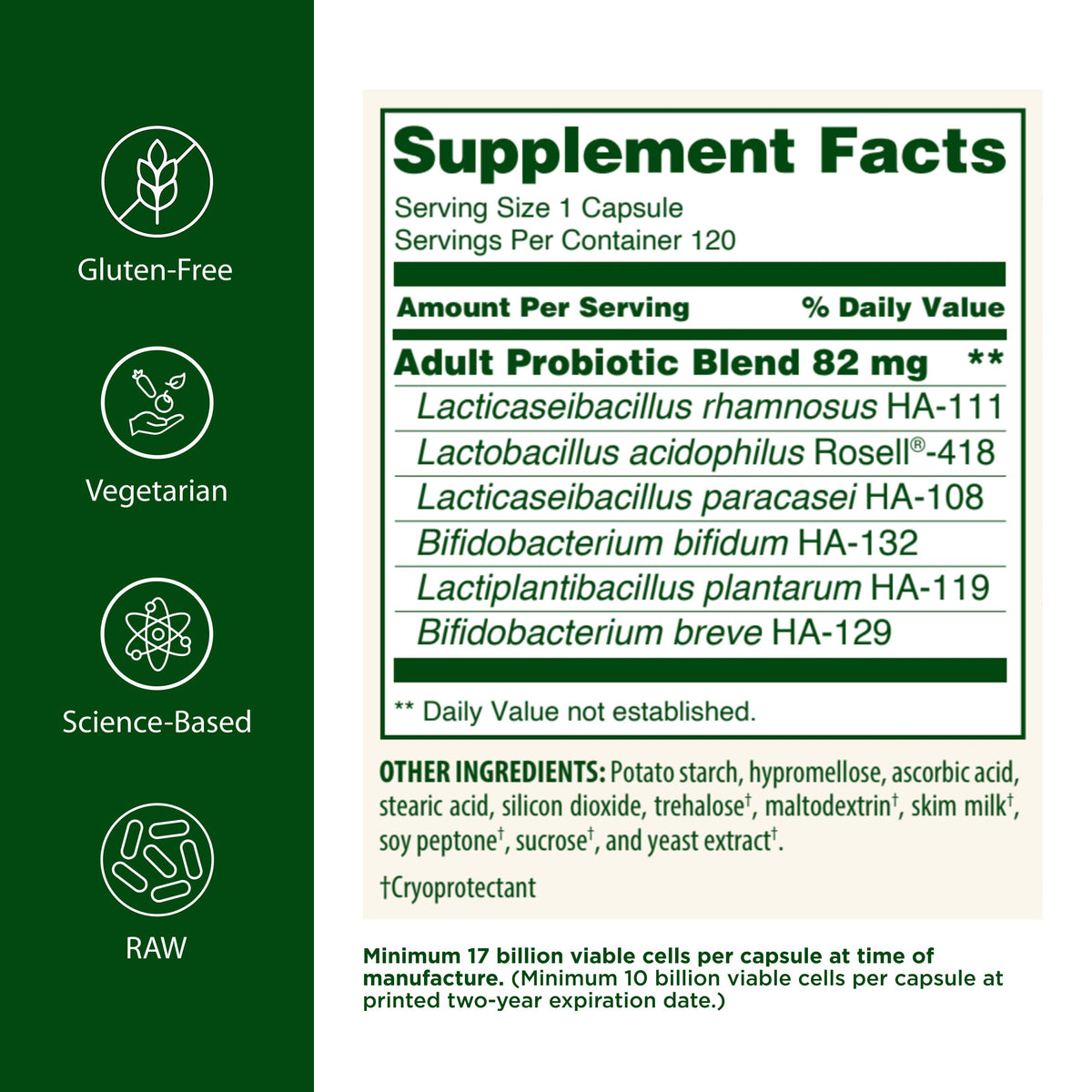 Flora Probiotique Adultes emballage avec informations nutritionnelles