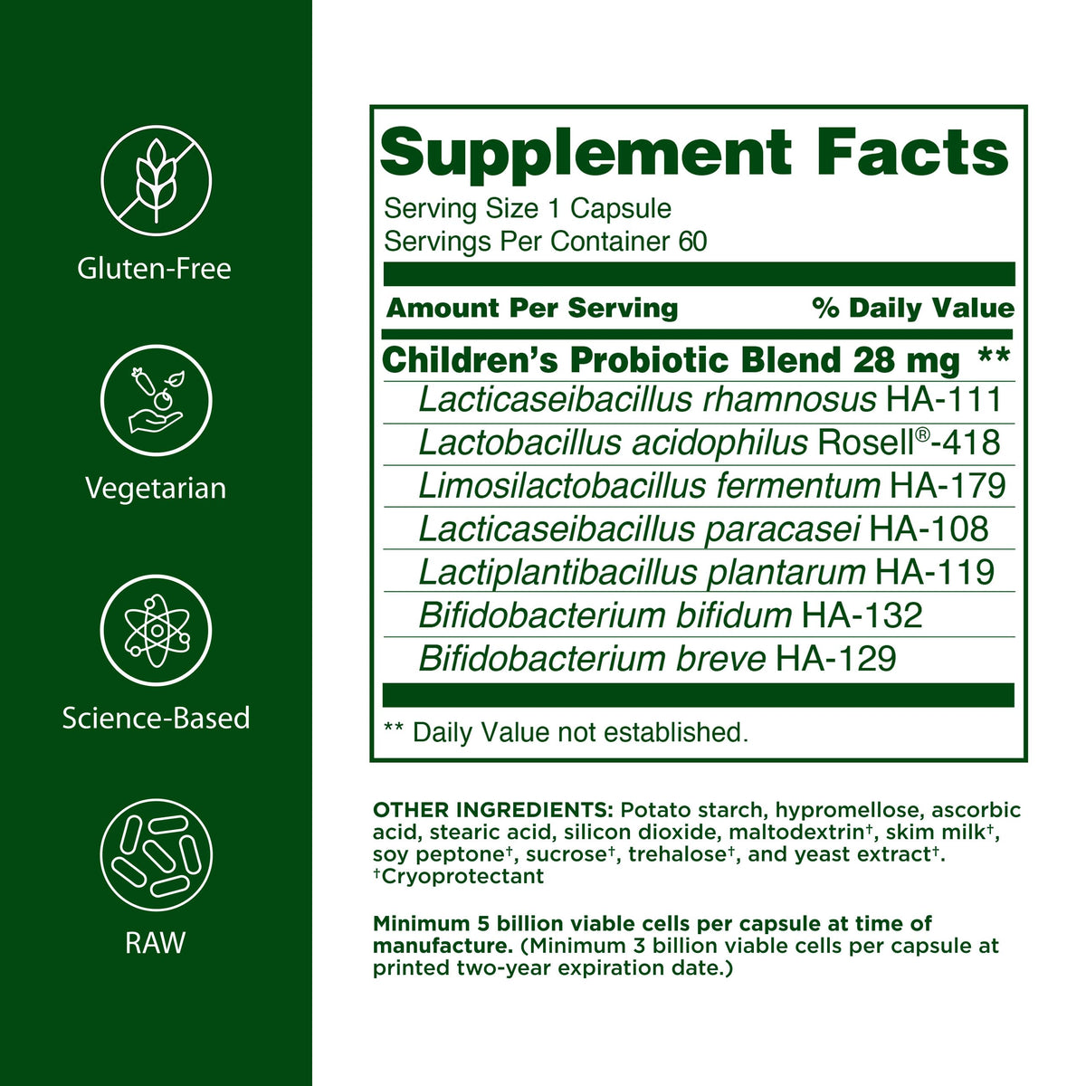 Flora Probiotique Enfants, emballage avec informations nutritionnelles