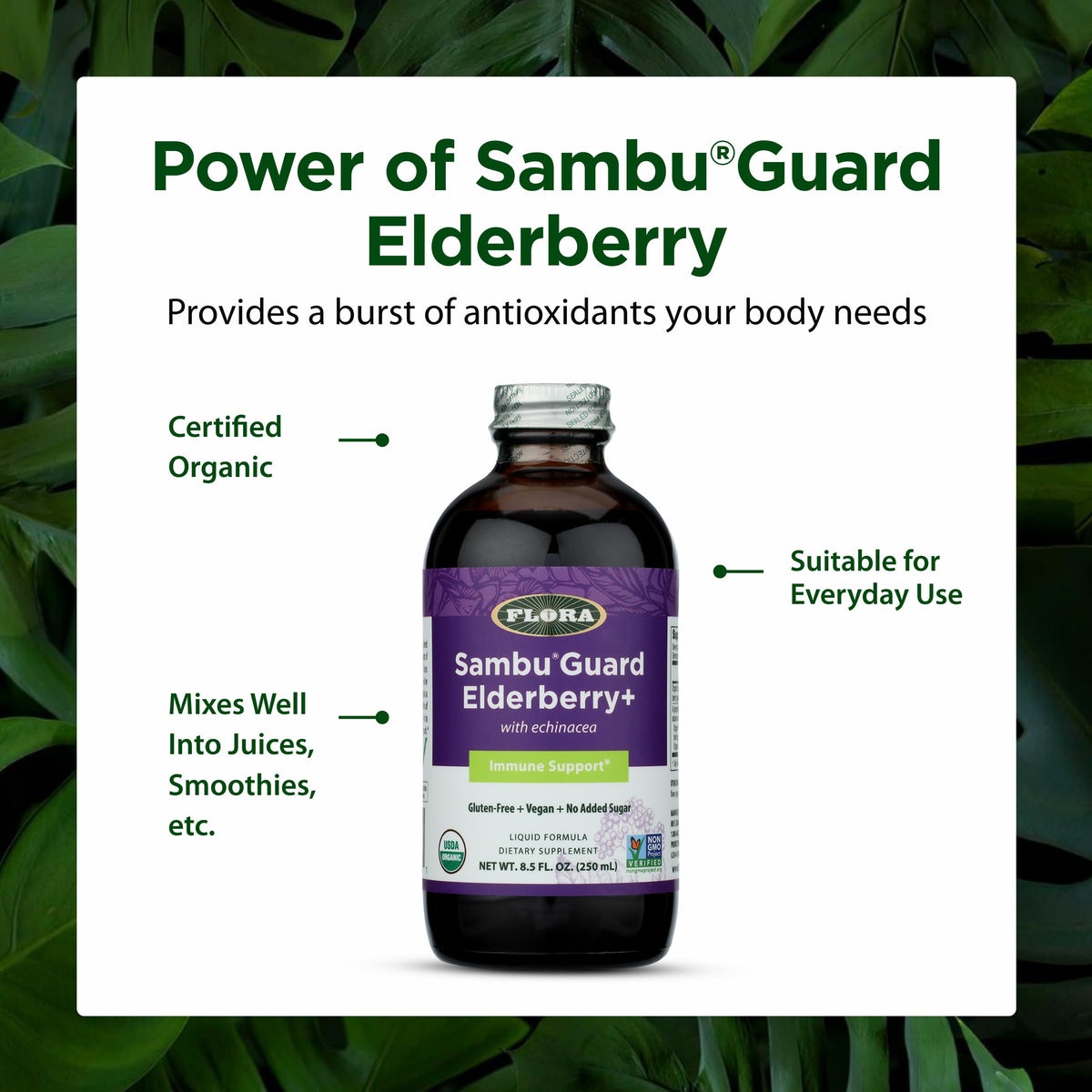 Flora SambuGuard Elderberry+ bouteille vue de côté