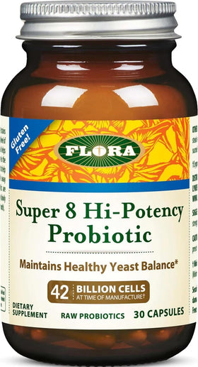 Flora Super 8 Probiotique 30 capsules vue de face avec emballage