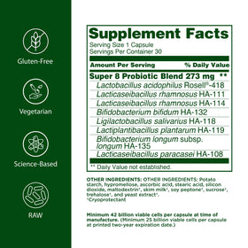 Flora Super 8 Probiotique capsules ouvertes sur une surface