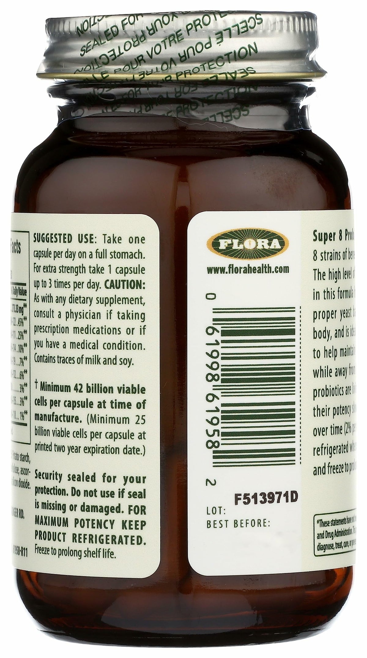 Flora Super 8 Probiotique emballage ouvert avec capsules