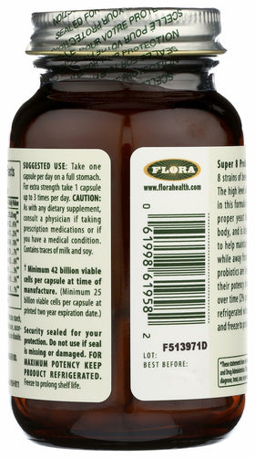 Flora Super 8 Probiotique emballage ouvert avec capsules