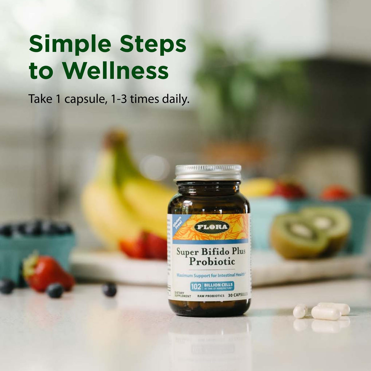 Flora Super Bifido Plus Probiotique capsules dans un verre