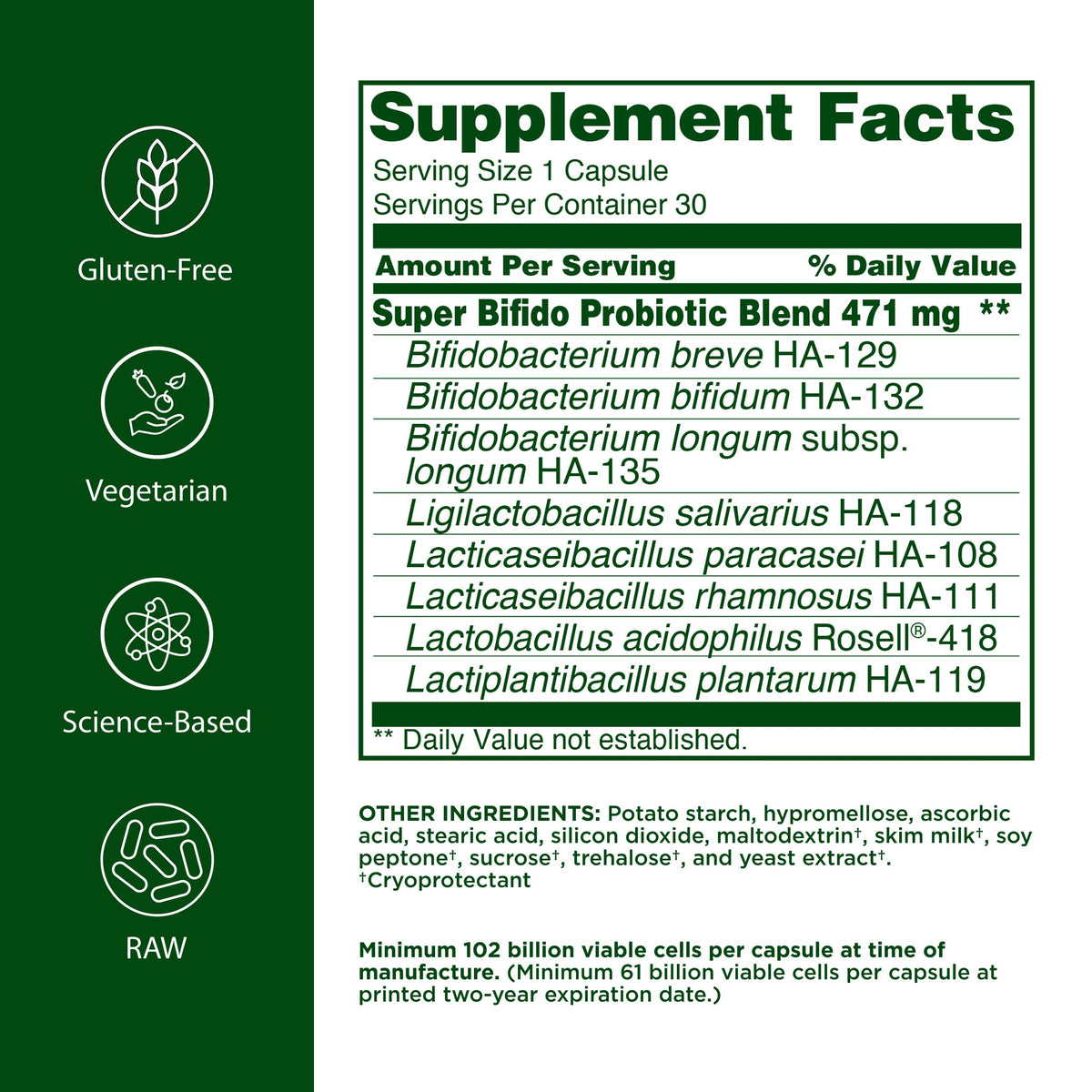 Flora Super Bifido Plus Probiotique emballage avec informations nutritionnelles