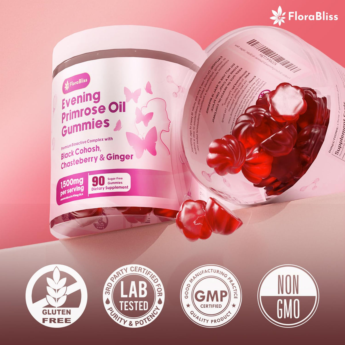 FloraBliss Gummies Huile de Onagre sur une table