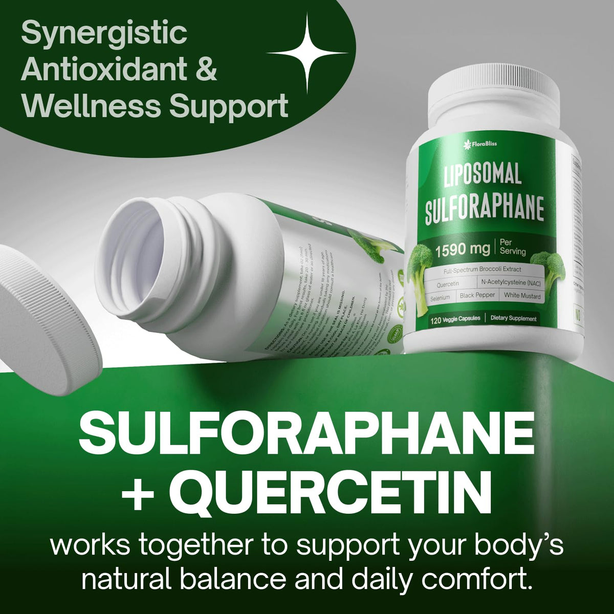 FloraBliss Liposomal Sulforaphane 1000mg gélules en situation sur une table