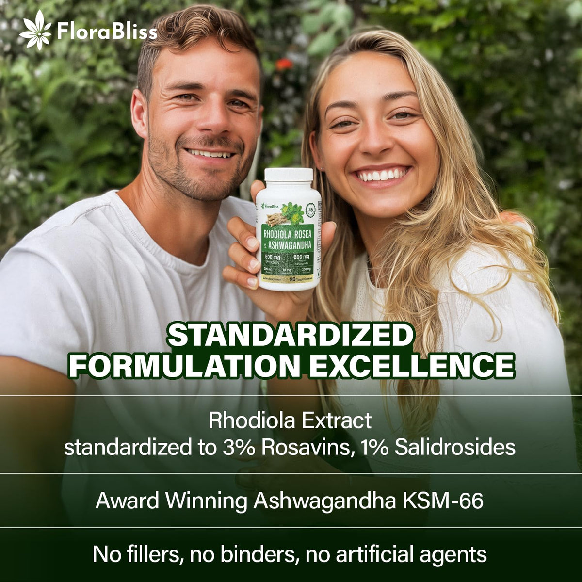 FloraBliss Rhodiola Rosea capsules sur fond blanc