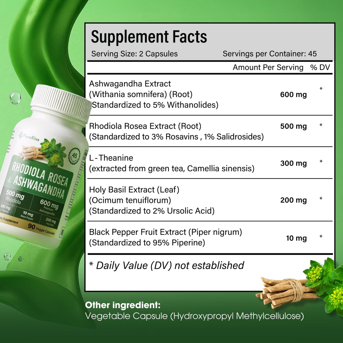 FloraBliss Rhodiola Rosea et Ashwagandha flacon de 90 capsules