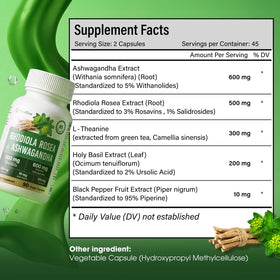 FloraBliss Rhodiola Rosea et Ashwagandha flacon de 90 capsules