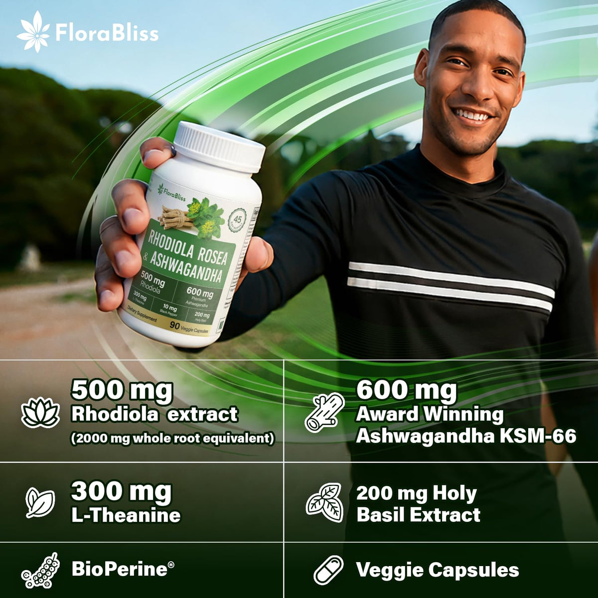 FloraBliss Rhodiola Rosea étiquette détaillée sur le flacon
