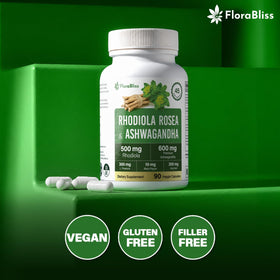 FloraBliss Rhodiola Rosea ingrédients naturels sur une table